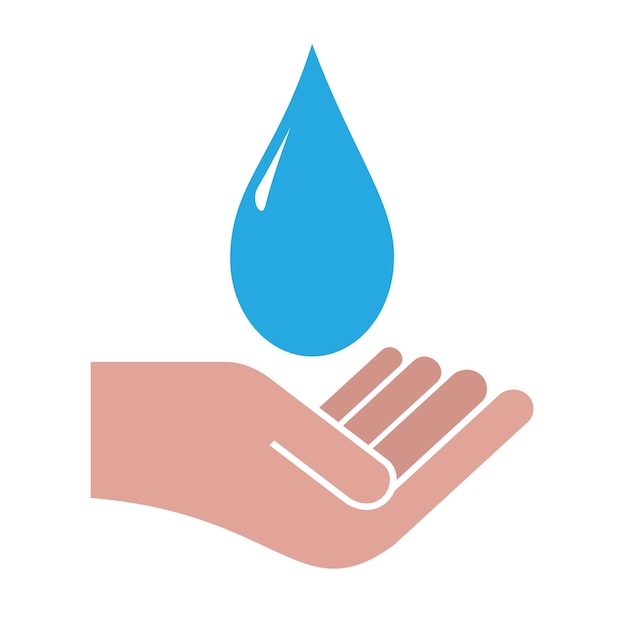 Hand hält einen Tropfen Regen. Konzept zum Sparen und Konservieren von Wasser gegen Dürre. Wasserknappheit und Krisenkonzept, Vektorsymbol