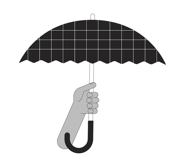 Hand hält geöffneten Regenschirm flaches monochromes isoliertes Vektorobjekt Zubehör schützt Form Wetter Bearbeitbare Schwarz-Weiß-Linienzeichnung Einfache Umriss-Spot-Illustration für Web-Grafikdesign