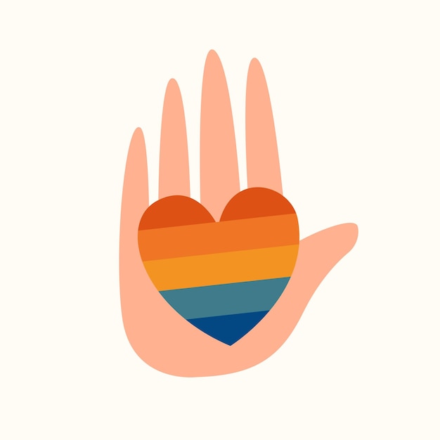 Hand hält herz in den farben der lgbtq-gemeinschaft. aufkleber für den pride-monat. lgbt-symbol im flachen stil