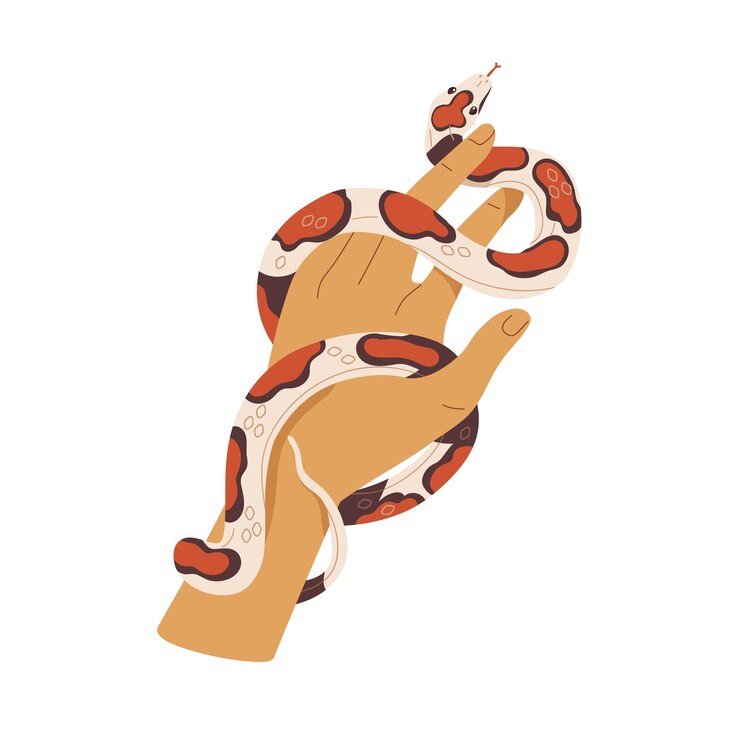 Vektor hand hält magische, sich drehende schlange. mystisches reptil im hexenarm. gebogene schlangenotter um weibliche finger. hexerei, zauberei, zauberei-konzept. flache vektordarstellung isoliert auf weißem hintergrund