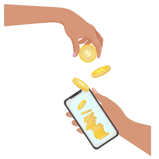 Vektor hand hält mobiltelefon mit goldenen münzstapeln hand steckt münze in smartphone geldkonzept