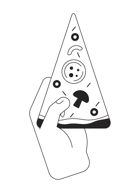 Hand hält pizzastück, schwarzweiß-konzept, vektor-spot-illustration, fast-food-2d-cartoon, flache linie, monochromatische hand für web-ui, gestaltbar, isoliertes umriss-heldenbild