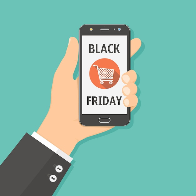 Hand hält Smartphone mit Black Friday Sale auf dem Bildschirm