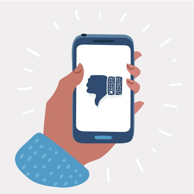 Hand hält Smartphone mit Daumen nach unten auf einem Bildschirm. Abneigungszeichen wird in der App verwendet. Soziales Netzwerk und Medien auf dem Handy. Grafische Elemente für Webbanner, Webdesign. Vektor-Cartoon-Illustration+