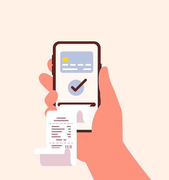 Vektor hand hält smartphone mit elektronischer quittung und kreditkarte auf dem bildschirm