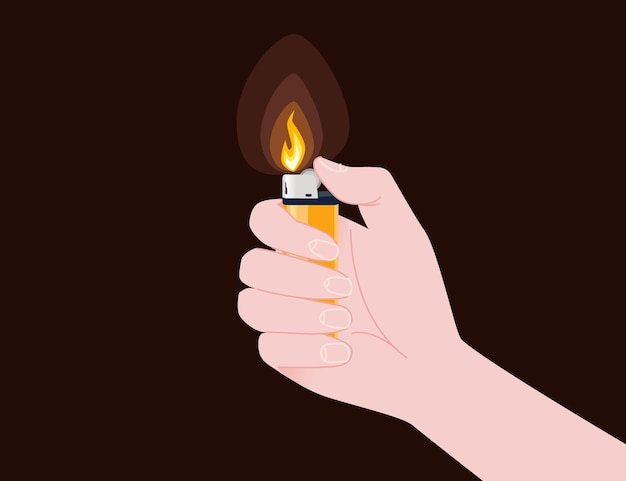Hand halten und metall- und kunststofffeuerzeug für küchen- oder zigarettengasfeuerzeug-raucherzubehör-flachvektorillustration verwenden, die auf braunem hintergrund isoliert ist
