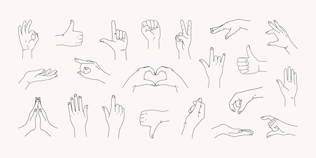 Hand-Ikonen Linie Finger weist verschiedene Gesten Umriss Arm halten Skizze Liebeszeichen offene Frau Faust Frieden und Sieg Symbole elegante isolierte Elemente Vektor Clipart Set
