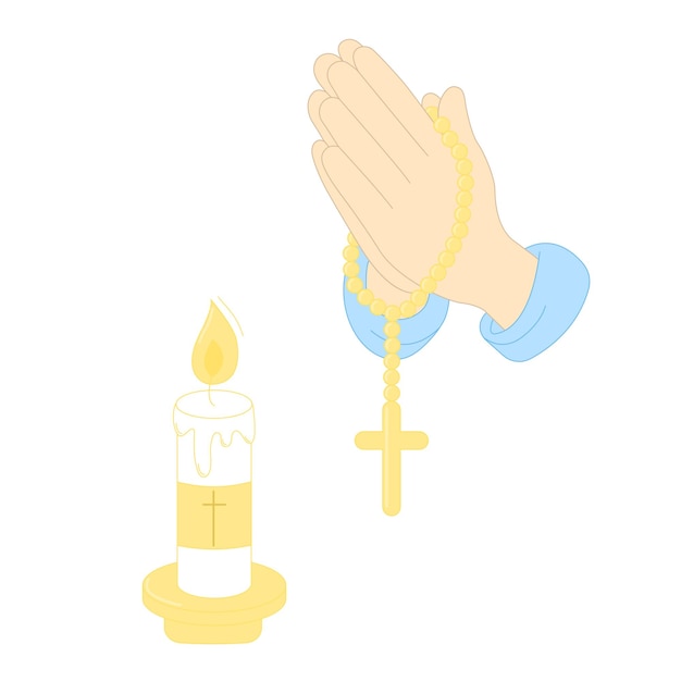 Hand im Gebet mit Rosenkranz und kreuzbrennendem Kerzenvektor