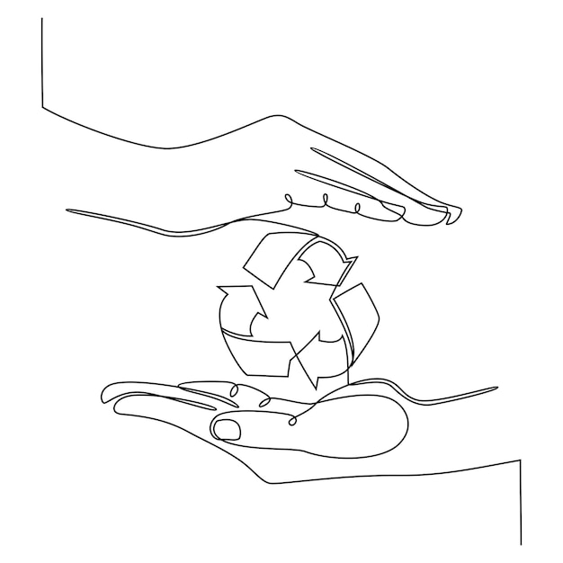 Hand kontinuierliche strichzeichnung mit recycling-zeichen auf weißem hintergrund vektor-illustration isoliert