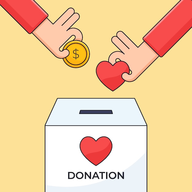 Vektor hand legte geldmünze und herzsymbol in eine charity-box-illustration für spenden-human-care-konzeptdesign
