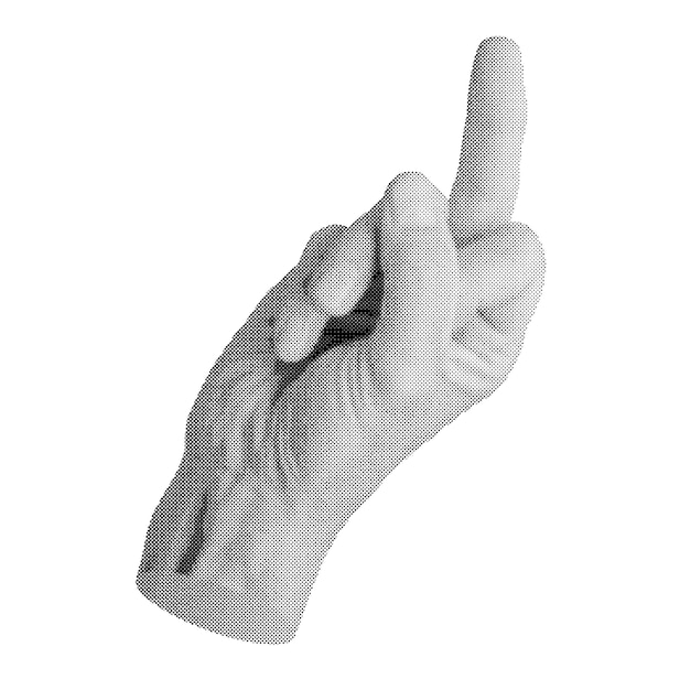Hand macht eine beleidigende Mittelfingergestur, isoliert im Retro-Halfton-Punkt-Stil Nostalgisch