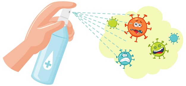 Vektor hand mit alkoholdesinfektionsmittel mit virus-cartoon-figur