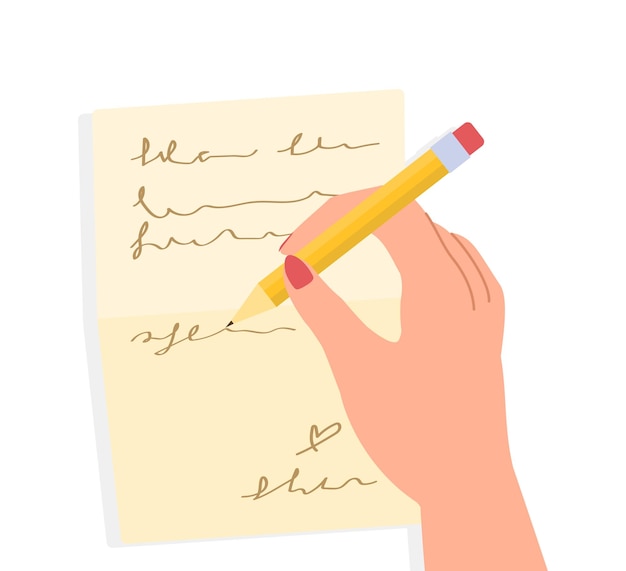 Hand mit Bleistift und Papierkonzept Freundliche Korrespondenz, Distanzkommunikation und Interaktion Vorlagenlayout und Attrappe Cartoon flache Vektorillustration isoliert auf weißem Hintergrund