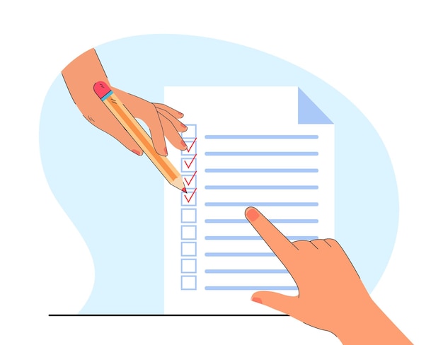 Hand mit Bleistiftfüllcheckliste oder Antragsformular. To-Do-Liste, Fragebogen, Vereinbarung flache Vektorillustration. Bericht, Bildung, Managementkonzept für Banner, Website-Design oder Zielseite