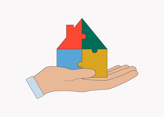 Hand mit einem haus das konzept des wohnungsbaus immobilien verkauf kauf miete hausversicherung logo farbe zeichen vektor-illustration isoliert auf weißem hintergrund