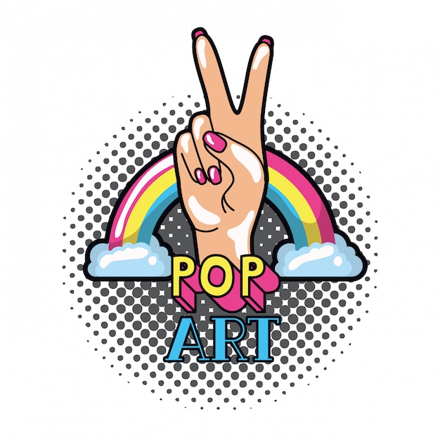 Hand mit friedenszeichen und liebes-pop-art