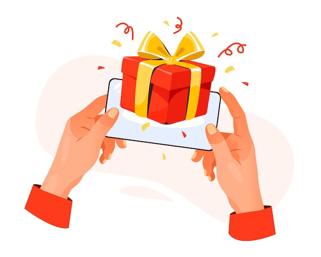 Hand mit Handy mit Geschenkbox auf dem Bildschirm. Online verschenken. Online gewinnen. Vektor-Illustration