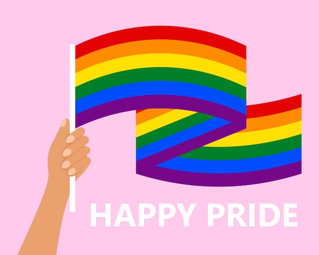 Hand mit LGBT-Regenbogenfahne und Text Happy Pride Month auf rosa Hintergrund Illustrationsbanner