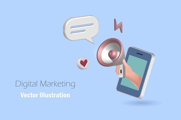 Hand mit Megaphon vom Handy mit Sprechblasen Digitales Marketing und Werbekommunikation