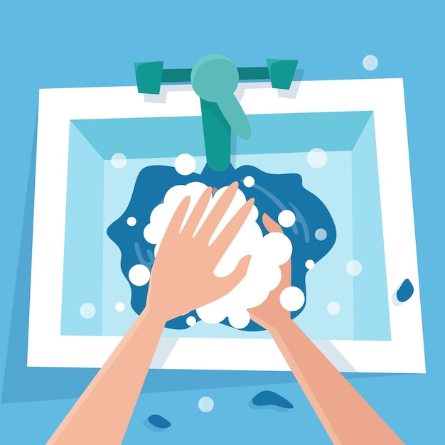Hand mit seife im waschbecken waschen quarantäne-desinfektion hygiene zur vorbeugung von corona-viren flacher wagen