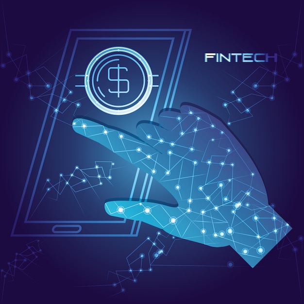 Hand mit smartphone mit geld fintech-konzept