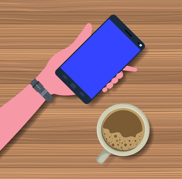 Vektor hand mit smartphone mit kaffeetasse in der tabelle