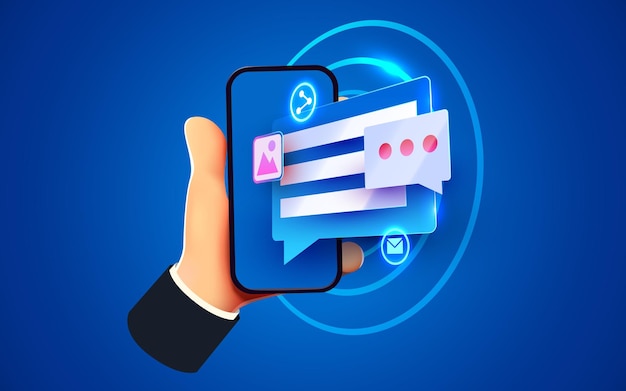 Hand mit Telefon mit Nachrichtenkommunikation und Social-Networking-Konzept