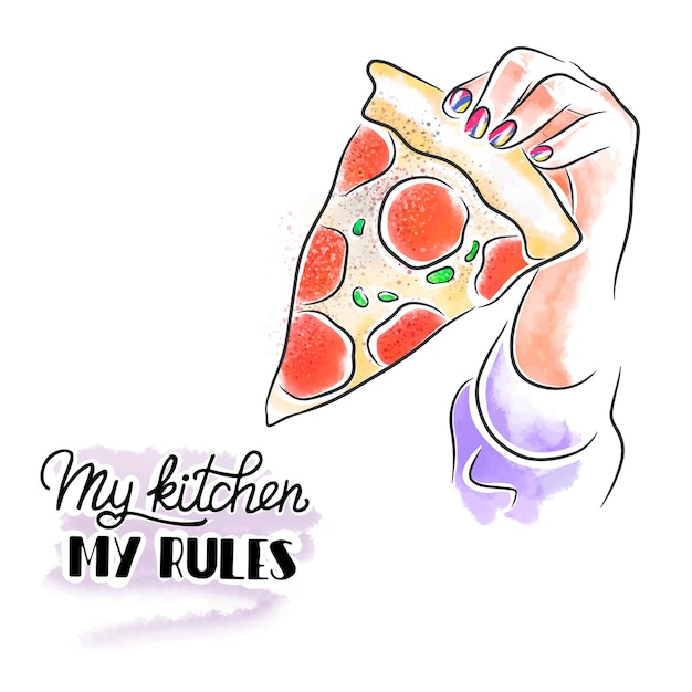 Vektor hand mit trendiger maniküre hält pizza-schriftzug-aquarell