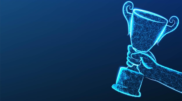 Vektor hand mit trophy cup champions award sport siegeskonzept wettbewerbserfolg erster platz bester sieg feierzeremonie symbol abstrakte low poly wireframe mesh design vector illustration