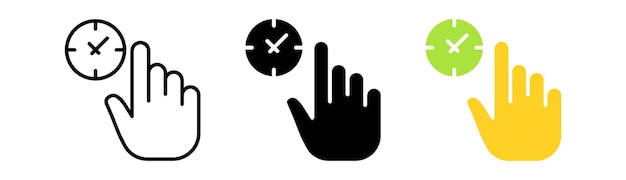 Hand mit Uhr-Set-Symbol Clickfinger-Bürstentippen, Schieben, Scrollen, Touch-Cursor-Sensor, Uhr, Drücken, Konzept, Vektor-Symbol im schwarzen und farbenfrohen Linienstil auf weißem Hintergrund