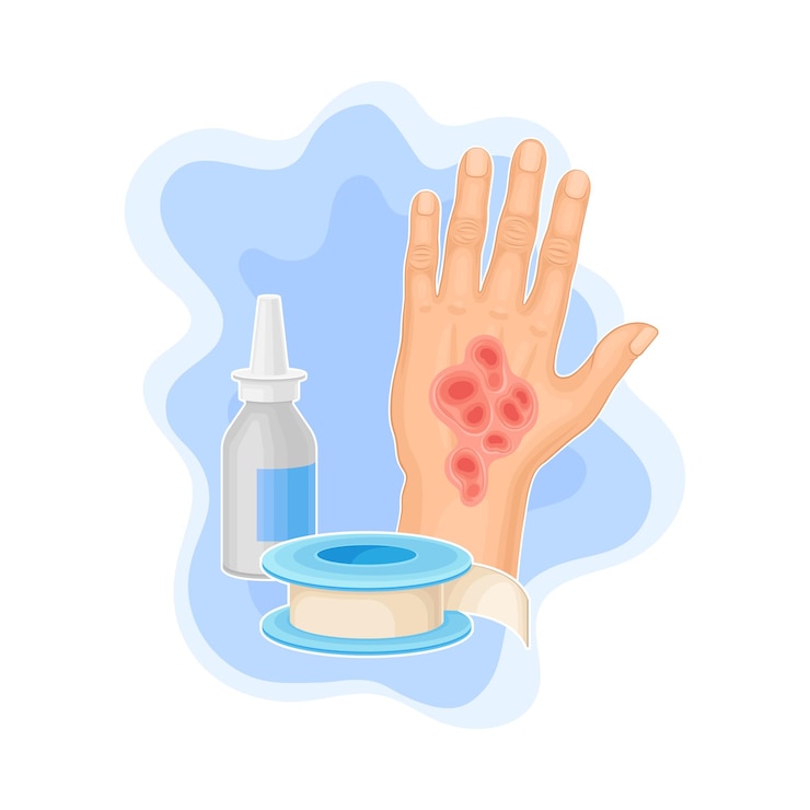 Vektor hand mit verbrennung auf der haut und medizin zur heilung vektor illustration
