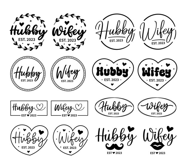 Hand schriftzug hubby wifey herr und frau hochzeit braut bräutigam paar liebe herz typografie kalligrafie