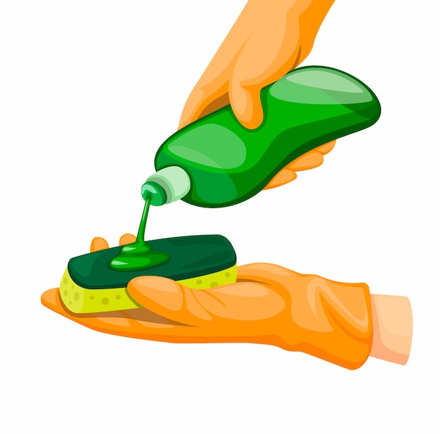 Hand tragen gummihandschuhe gießen geschirrspülmittel auf schwamm, in cartoon realistic illustration