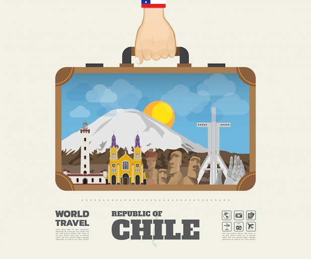 Hand tragender chile-markstein-globale reise und reise-infographik-tasche.