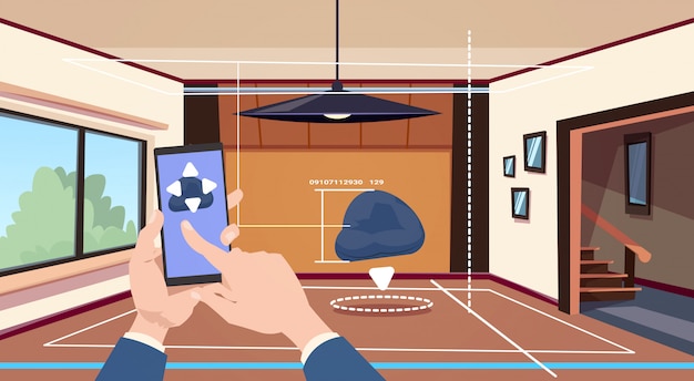 Hand unter Verwendung intelligenter Haupt-APP des Kontrollsystems über Wohnzimmer-Hintergrund, Technologie des Hausautomations-Konzeptes
