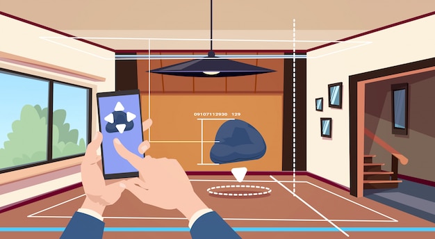 Hand unter verwendung intelligenter haupt-app des kontrollsystems über wohnzimmer-hintergrund, technologie des hausautomations-konzeptes