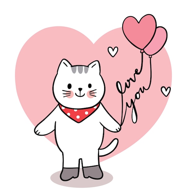 Hand zeichnen cartoon niedlichen valentinstag, katze und ballon