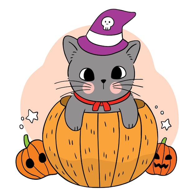 Hand zeichnen cartoon süße halloween hexe schwarze katze im großen kürbis vektor