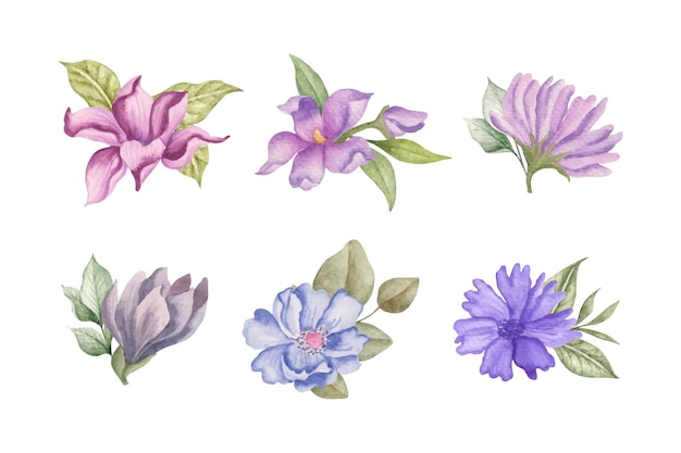 Vektor handbemalte aquarell-frühlingsblumen und blätter-set-kollektion für blumenstrauß-design