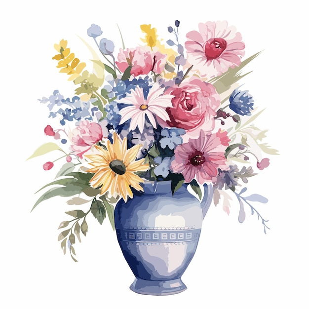 Handbemalte blume im aquarellstil, süßer blumenstrauß in einer vase, handgezeichnete illustration