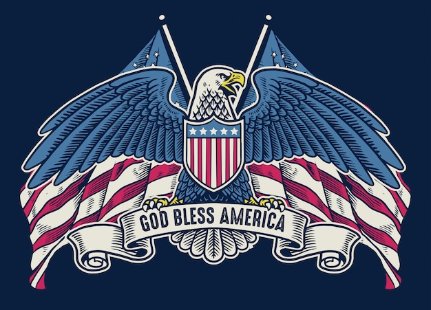 Handdrawn amerikanischer Adler der Weinlese mit Flagge als Hintergrund