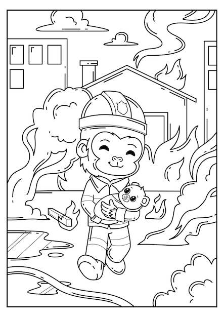 Handdrawn doodle coloring book cute monkey being a firefighter helfen sie kindern vom hausbrand