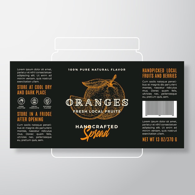 Vektor handgefertigte fruchtaufstrich- oder marmeladenetikettenvorlage abstract vector packaging design layout modernes typografie-banner mit handgezeichneter orange mit einem slice-silhouette-hintergrund