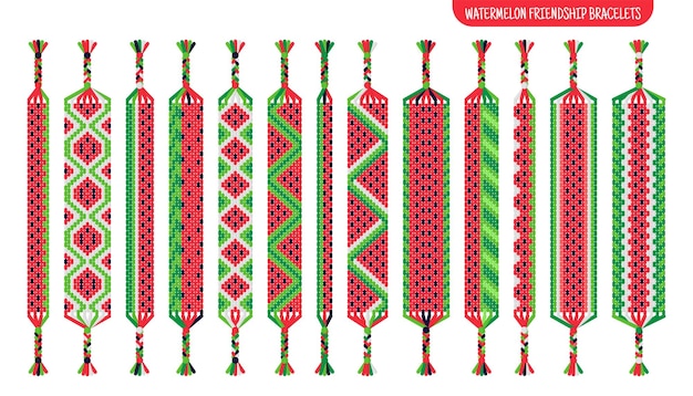 Handgemachte freundschaftsarmbänder aus wassermelonenfrüchten aus fäden oder perlen. tutorial für normales makramee-muster