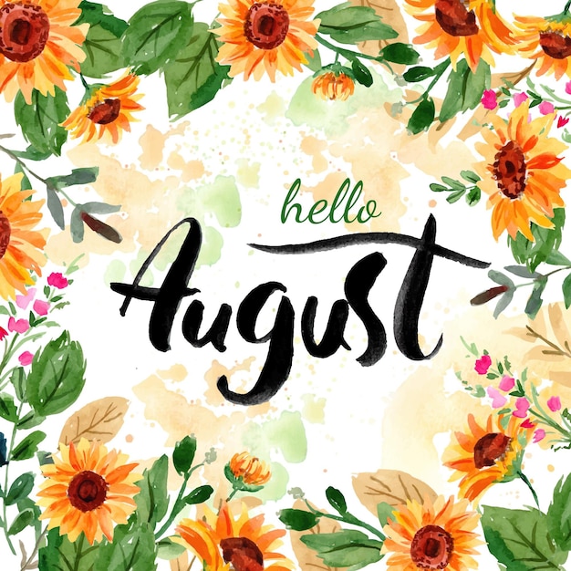 Handgemalte Aquarell Blumen August Schriftzug