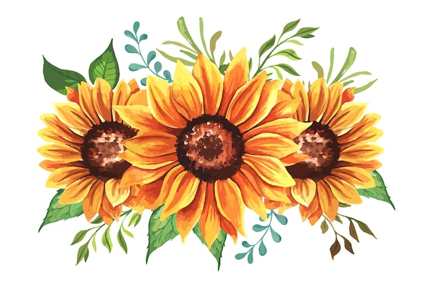 Handgemalte aquarell-sonnenblumen mit blättern, florale botanische illustration