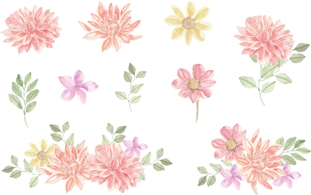 Vektor handgemalte dahlie aquarell blume clipart und anordnung