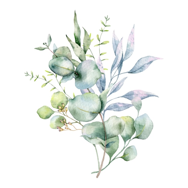 Handgemalter Eukalyptus- und Grün-Aquarell-Blumenstrauß für Hochzeitseinladungen, Grußkarten