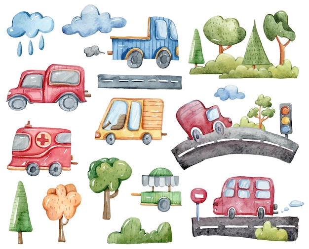 Handgemaltes Aquarell niedliches Kinderauto-Clipart-Set für Aufklebersublimation Lustige Illustrationen