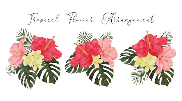Handgemaltes aquarell tropisches blumenarrangement mit monstera-hibiskus-palme
